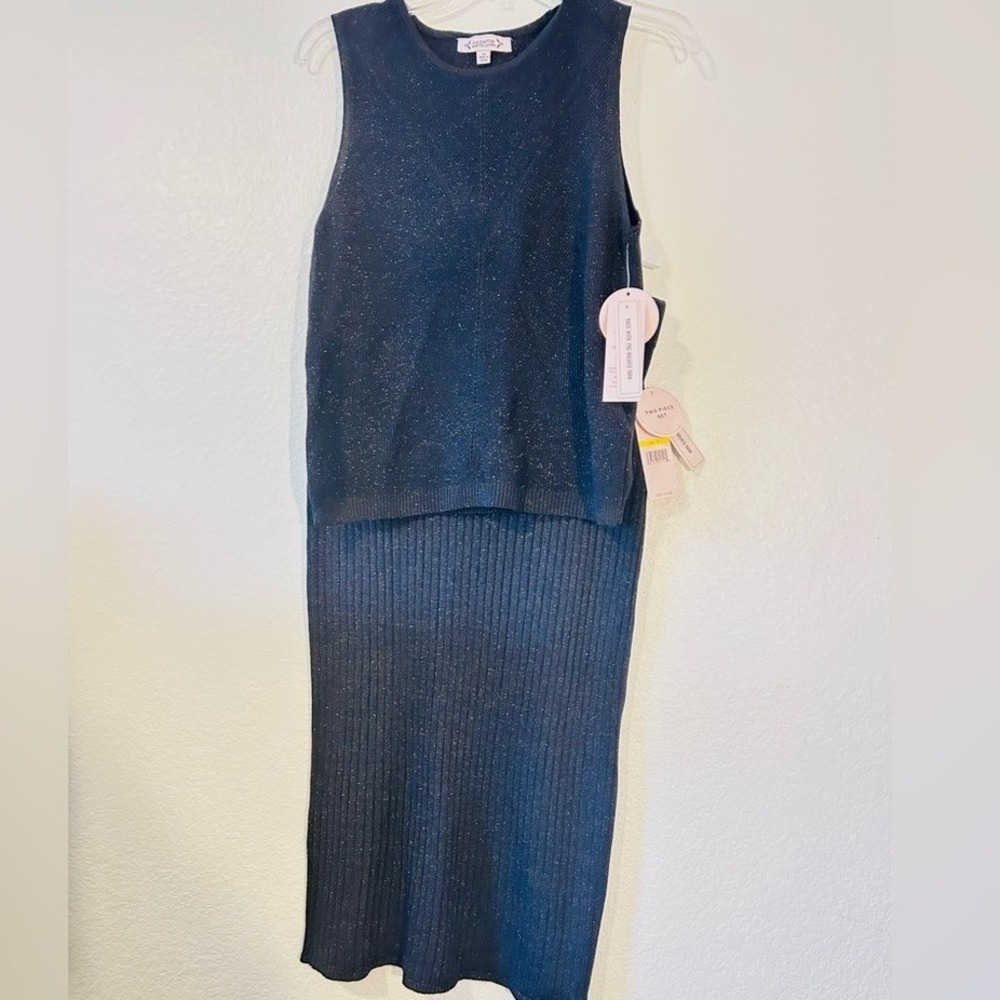 Nanette Lepore Glam Black‎ Metallic Knit 2 Piece Sweater & Midi Skirt Set Size M